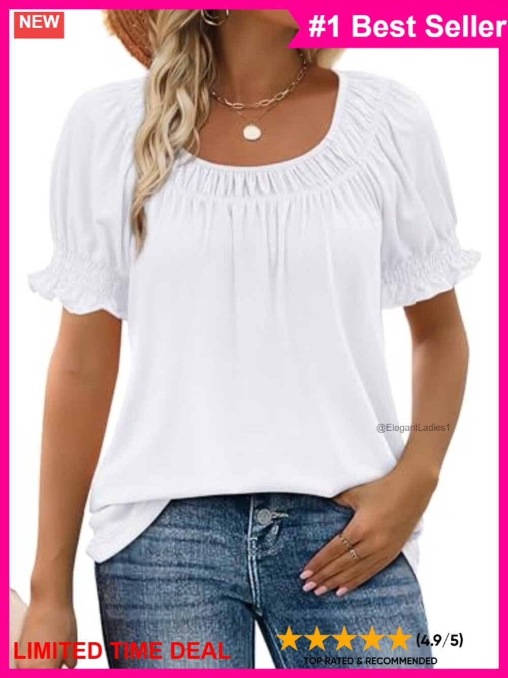 Womens Square Neck Smocked Ruffle Short Sleeve Blouse Loose Fit Casual Top